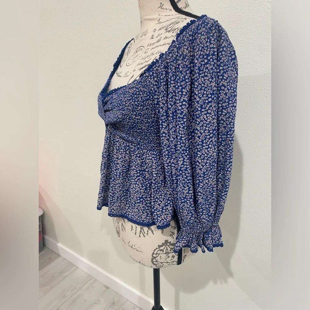 Blue Floral Smocked Peplum Blouse | 100% Viscose Size XS